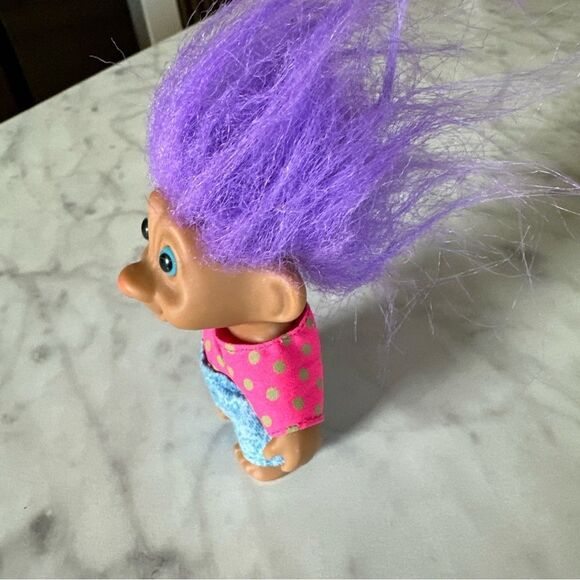 Vtg Russ Troll Doll Purple Hair, BlueEyes, acid wash shorts & neon top  3” - Picture 8 of 8